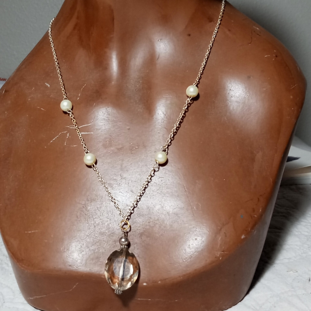 Artisan long pendant necklace Pearl & Citrine Glass